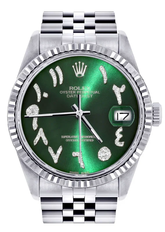 Womens Rolex Datejust Watch 16200 | Fluted Bezel | 36Mm | Green Arabic Dial | Fluted Bezel | Jubilee Band