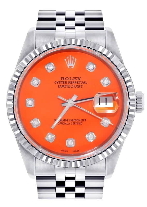Womens Rolex Datejust Watch 16200 | Fluted Bezel | 36Mm | Orange Dial | Fluted Bezel | Jubilee Band
