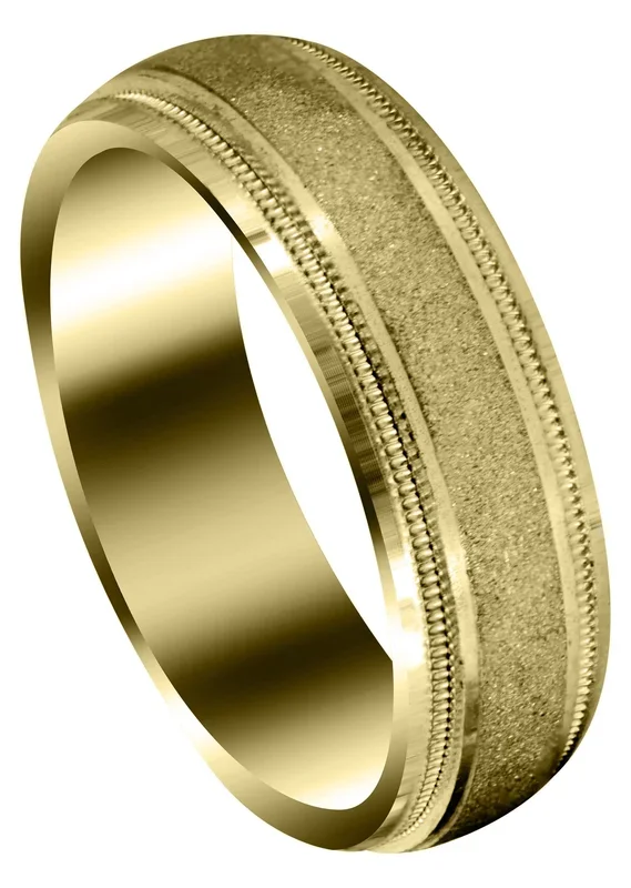 Yellow Gold Carved Simple Mens Wedding Band | Stone Finish (Ryan)