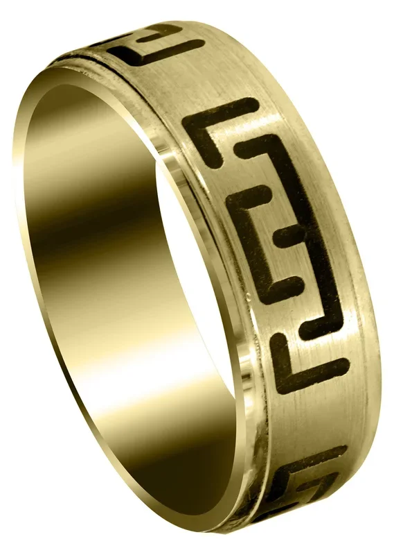 Yellow Gold Fancy Carved Contemporary Mens Wedding Band | Satin / High Polish Finish (Adrian)
