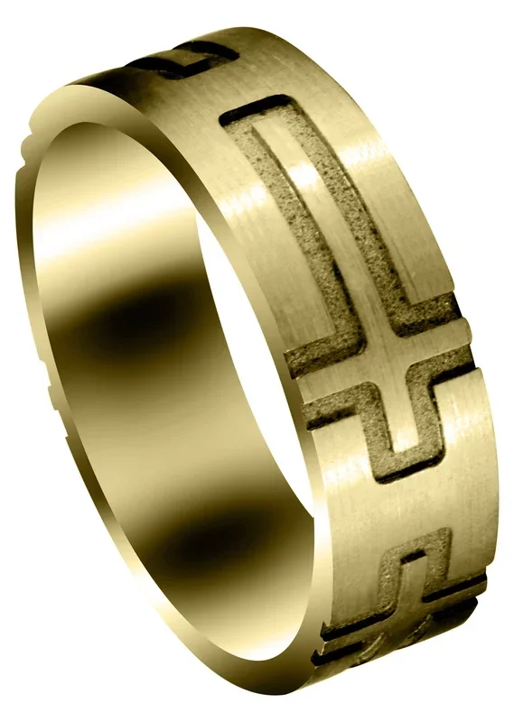 Yellow Gold Fancy Carved Religious Mens Wedding Band | Satin Finish (Jaxon)